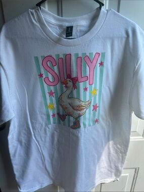 Gildan White Tee with Pink "SILLY" Duck Graphic